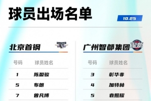 北京VS广州大名单:赵睿周琦徐昕陈国豪在列 麦考尔宋昕澔缺阵