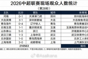 中超第28轮现场观众人数统计：场均26320人，英博主场61913人最高